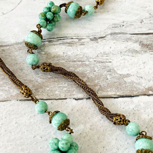 VTG Art Deco Czech Peking Jade Long Flapper Necklace Bead Cluster Stations 35"Lg - Picture 8 of 11